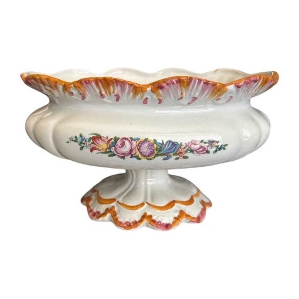 Vintage Italian Hand Painted Tureen Pedestal Scalloped Edge  Vase - Picture 6 of 10